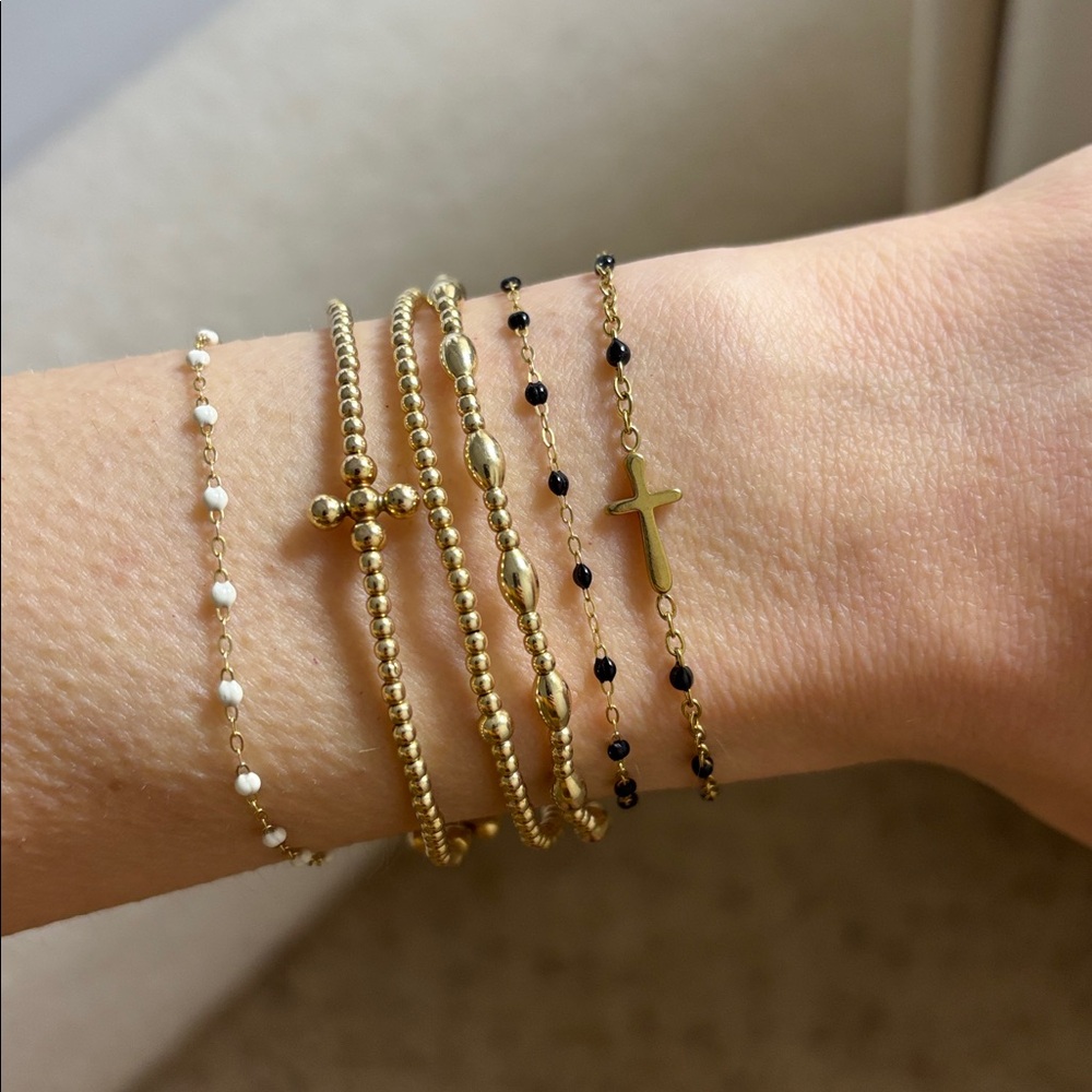Dainty gold & black beaded look adjustable bracelet delicate jeweled chain cross